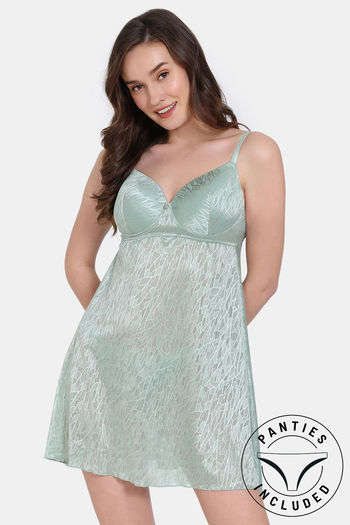 Buy Zivame Coral Glaze Padded Wirefree Relaxed Fit Babydoll With Thong - Granite Green